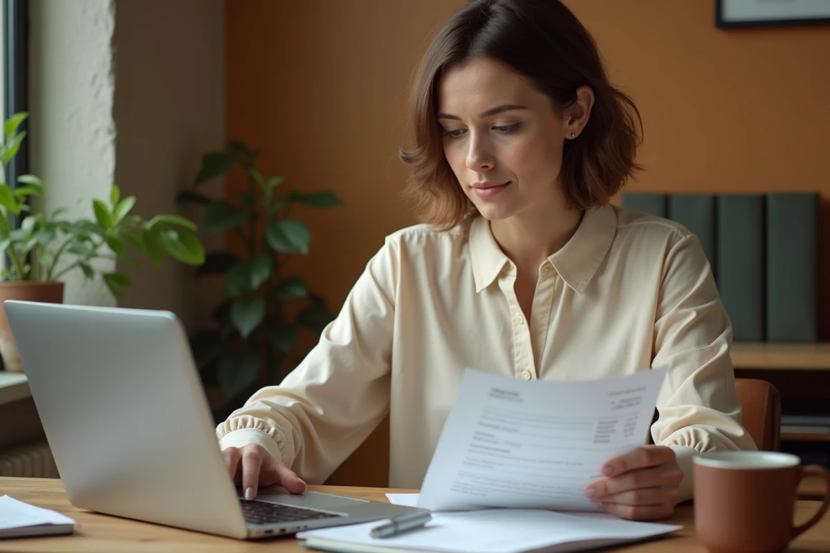 Freelance femme révisant une facture sur son bureau en bois dans un espace de travail à domicile moderne