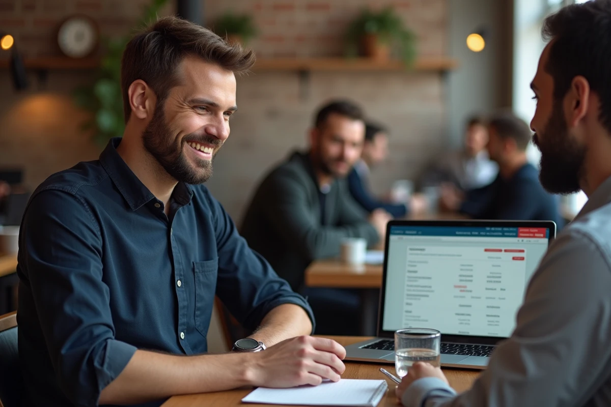 Freelance masculin discutant d'une proposition tarifaire avec un client dans un café urbain moderne