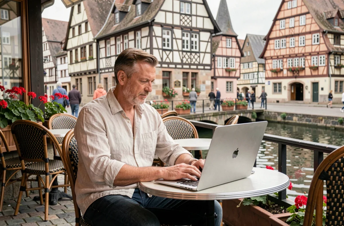 Freelance en portage salarial travaillant en terrasse de café dans le quartier de la Petite France à Strasbourg