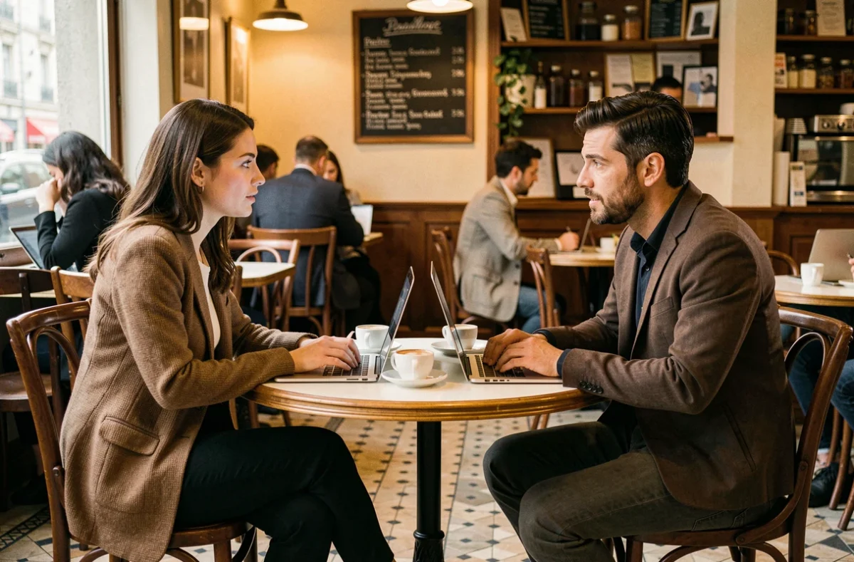 Deux freelances en discussion dans un café parisien autour de leurs ordinateurs, illustrant un échange de conseils sur le portage salarial et la micro-entreprise
