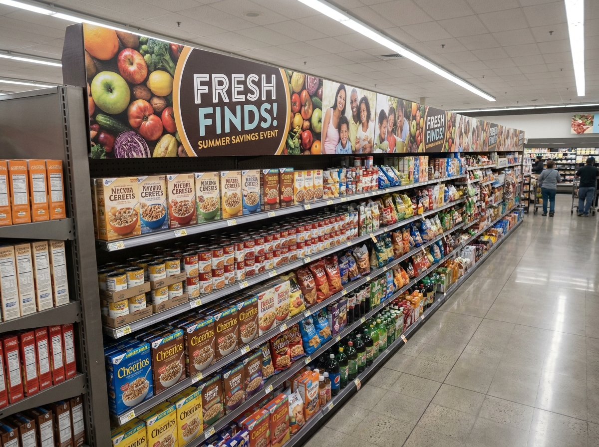 Fronton personnalisé en carton habillant le haut d'un meuble gondole avec visuels de marque imprimés
