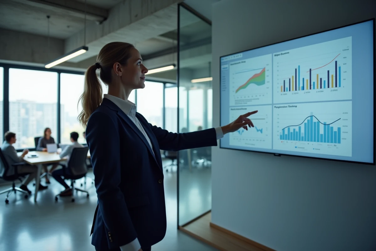 Manager professionnelle présentant un tableau de bord de gestion d'équipe dans un open-space moderne avec écran de métriques