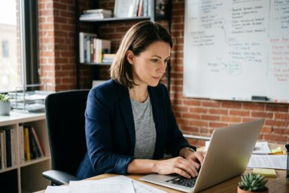 Cheffe d'entreprise gérant des traductions de documents dans un petit bureau moderne avec ordinateur portable