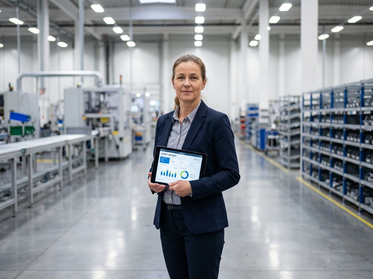 Femme gestionnaire industrielle avec tablette en usine