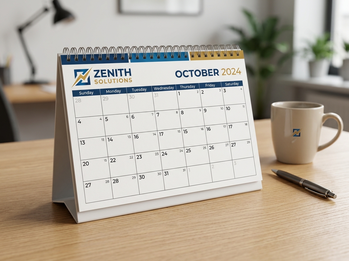 Gros plan d'un calendrier de bureau personnalisé avec logo d'entreprise ouvert sur un bureau en chêne avec une tasse de café