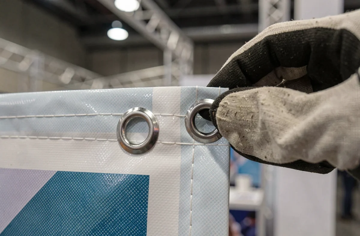 Gros plan sur le coin d'une banderole événementielle en PVC renforcé avec œillet métallique et couture double, illustrant la résistance du matériau