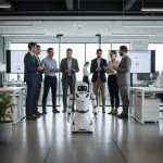 Quand la robotique mobile devient un levier de compétitivité pour les entreprises Groupe d'adultes observant un robot mobile dans un bureau moderne
