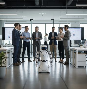 Groupe d'adultes observant un robot mobile dans un bureau moderne