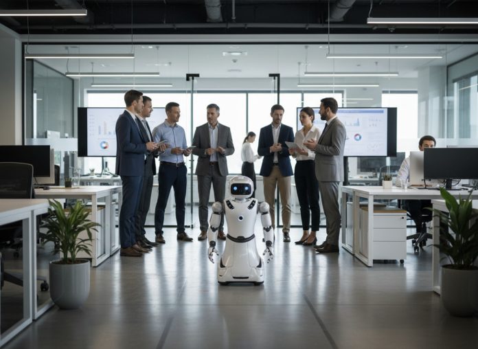 Groupe d'adultes observant un robot mobile dans un bureau moderne