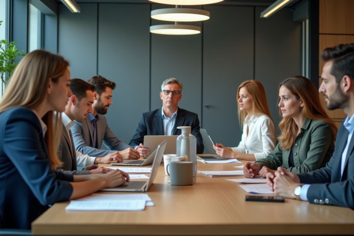 groupe-bureau-stress Groupe de collègues stressés en réunion au bureau