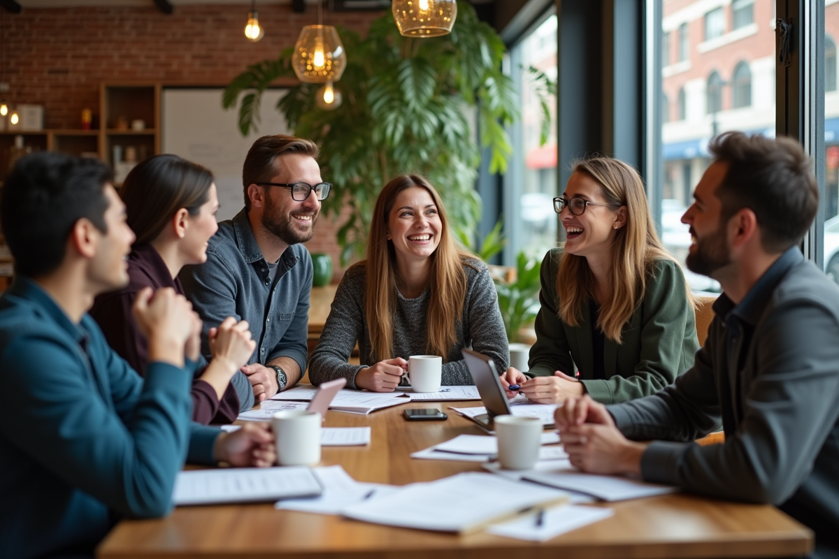Groupe diversifié en réunion conviviale dans un café