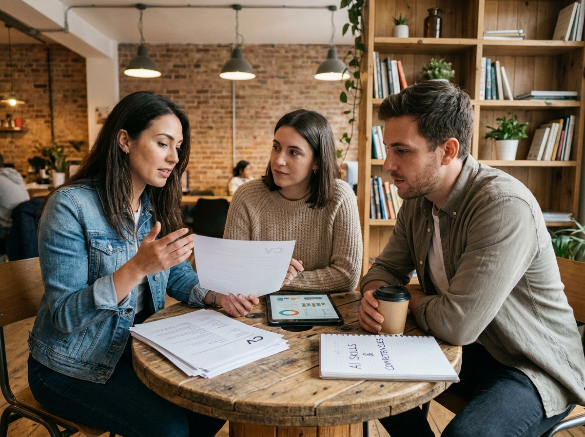 Groupe de jeunes professionnels analysant des compétences en data et intelligence artificielle pour préparer un recrutement dans un espace de coworking