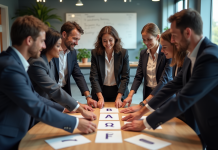 Groupe de professionnels discutant autour de cartes dans un bureau moderne