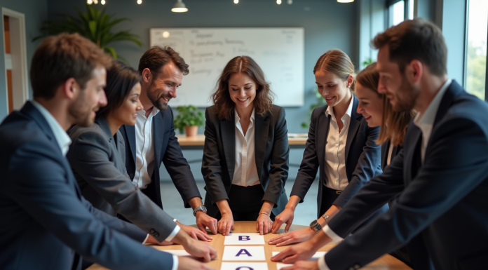 Groupe de professionnels discutant autour de cartes dans un bureau moderne