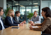 Risques psychosociaux : prévenir pour mieux protéger la santé au travail Groupe de collègues en réunion dans un bureau moderne