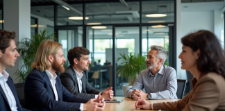Risques psychosociaux : prévenir pour mieux protéger la santé au travail Groupe de collègues en réunion dans un bureau moderne