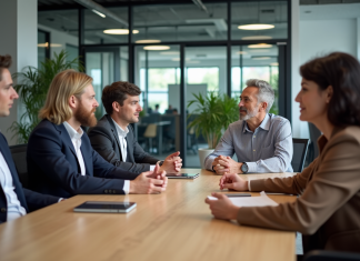 Risques psychosociaux : prévenir pour mieux protéger la santé au travail Groupe de collègues en réunion dans un bureau moderne