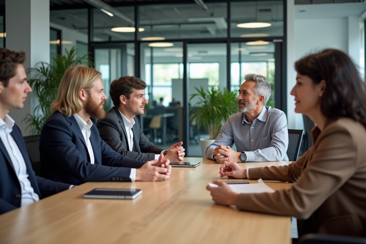 Groupe de collègues en réunion dans un bureau moderne