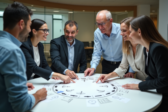 Groupe de professionnels en réunion autour d'une table moderne