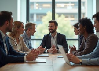 Groupe de collaborateurs en réunion de travail