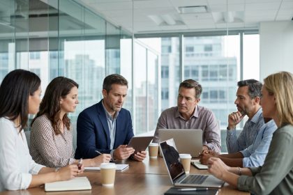 Groupe divers d'employes en réunion dans un bureau moderne