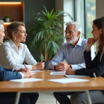 Groupe de quatre adultes en réunion de travail en bureau
