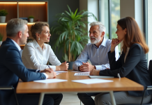 Principes éthique: découvrir les quatre fondamentaux à connaître Groupe de quatre adultes en réunion de travail en bureau