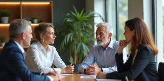 Groupe de quatre adultes en réunion de travail en bureau
