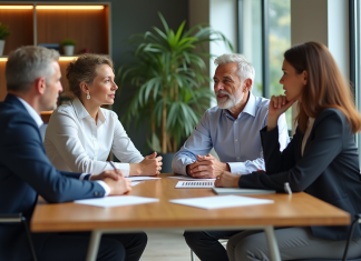 Groupe de quatre adultes en réunion de travail en bureau