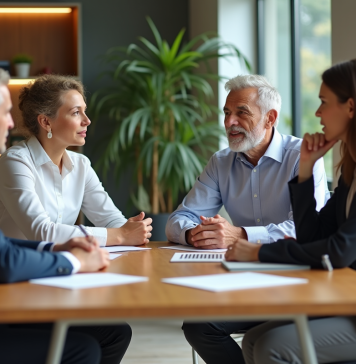 Groupe de quatre adultes en réunion de travail en bureau