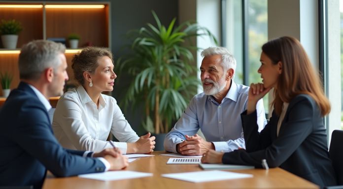 Groupe de quatre adultes en réunion de travail en bureau