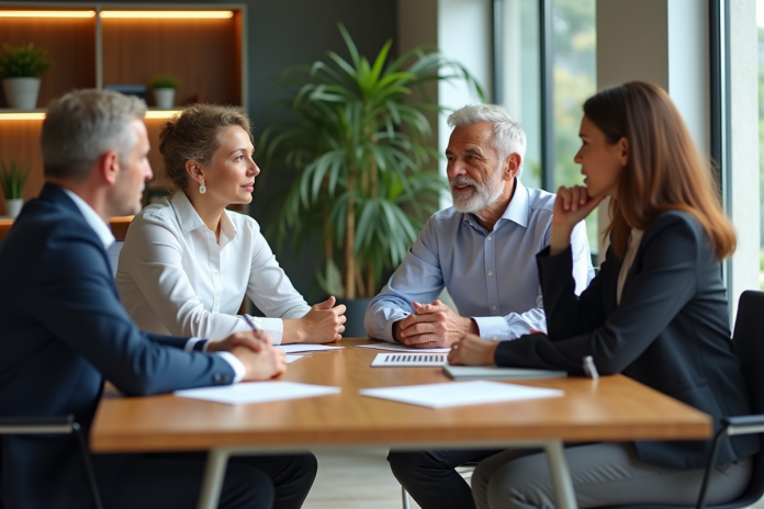groupe-discussion-bureau Groupe de quatre adultes en réunion de travail en bureau