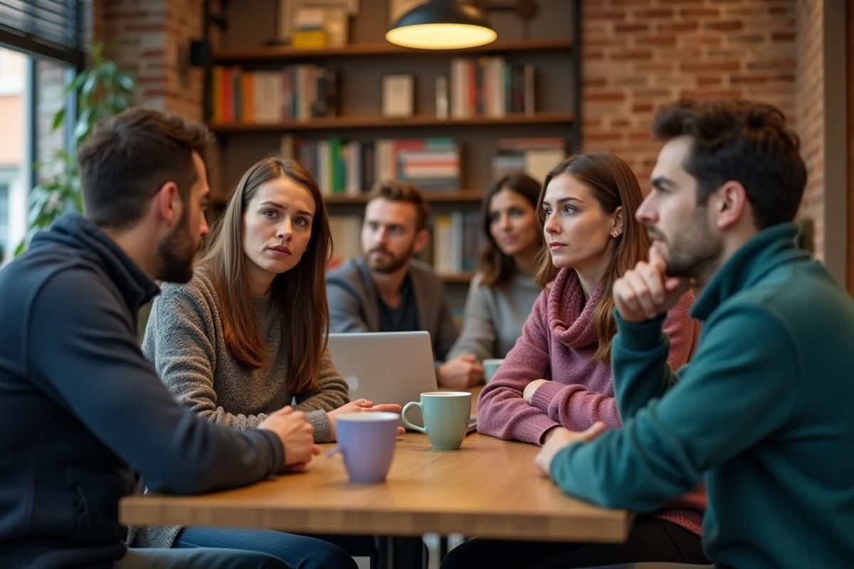 Groupe diversifié en discussion dans un café chaleureux