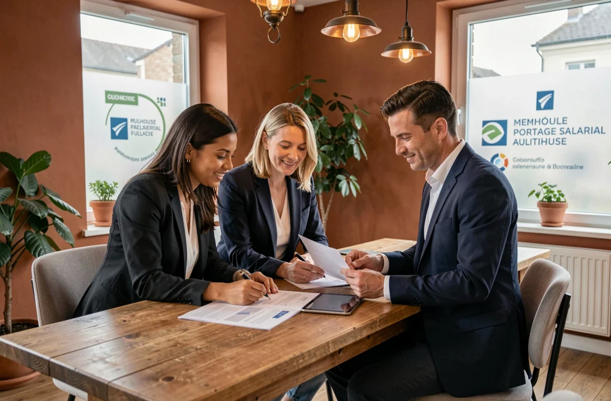 Groupe de freelances collaborant autour de documents dans une agence de portage salarial en Alsace