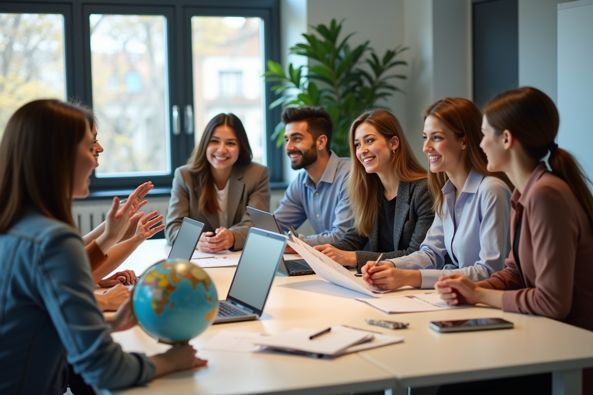 Groupe de jeunes adultes en réunion avec brochures et globe