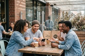 Groupe de jeunes souriants discutant en terrasse urbaine