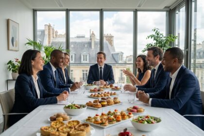 Groupe de professionnels dégustant un buffet à Paris