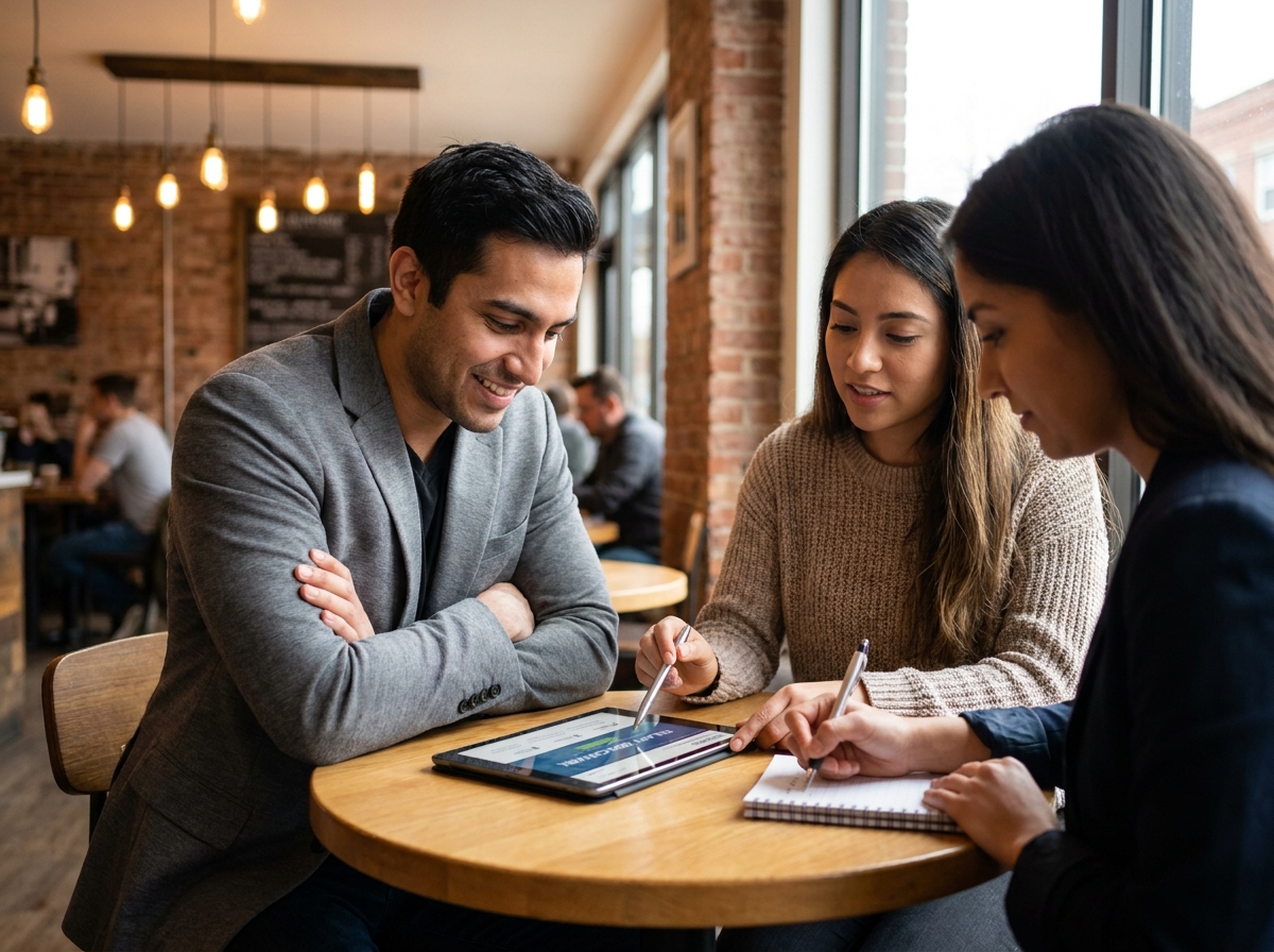 Groupe de jeunes professionnels consultant un site de référence salariale sur tablette dans un café urbain