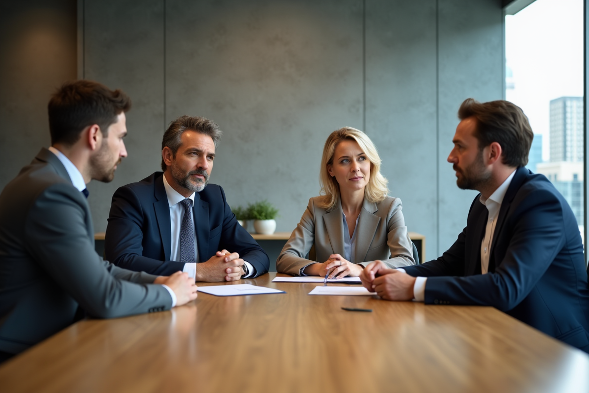 Groupe diversifié en réunion de travail dans une salle moderne