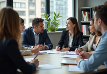 Ateliers Pôle emploi : sont-ils obligatoires ? Implications et conseils Groupe de professionnels en réunion dans un bureau moderne