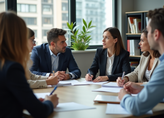 Ateliers Pôle emploi : sont-ils obligatoires ? Implications et conseils Groupe de professionnels en réunion dans un bureau moderne