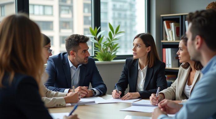 Groupe de professionnels en réunion dans un bureau moderne