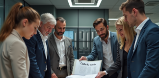 Groupe d'employes autour du code du travail en entreprise