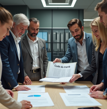 Groupe d'employes autour du code du travail en entreprise