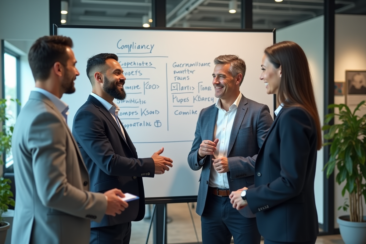 Groupe de professionnels discutant de conformité en open space