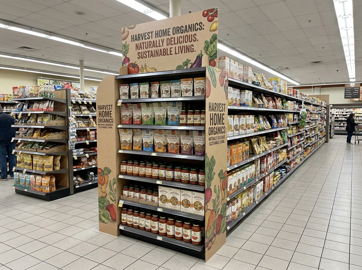 Tête de gondole habillée avec un fronton et des joues latérales en carton imprimé formant un ensemble de marque cohérent