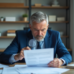Homme d'affaires en costume bleu examinant des documents