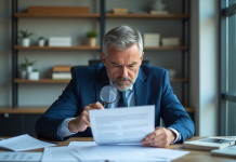 Homme d'affaires en costume bleu examinant des documents