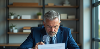 Compagnie frauduleuse : comment reconnaître une arnaque ? Homme d'affaires en costume bleu examinant des documents