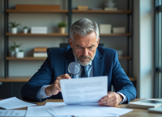 Homme d'affaires en costume bleu examinant des documents